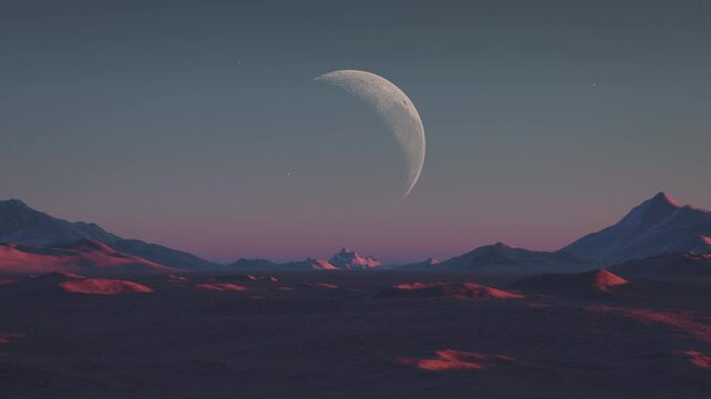 Alien planet landscape panorama at sunset with large planet or moon in the sky.