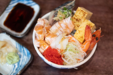 Kaisen-dong is a seafood covered rice topped with seafood and raw fish