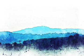 Abstract color mountain peak and tree watercolor illustration painting background.