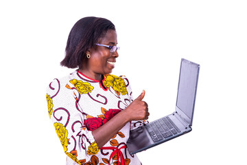 close up of happy woman carrying laptop