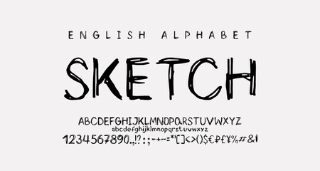 Hand drawn font sketch doodle style. Vector set of uppercase and lowercase English letters, numbers, marks, symbols - obrazy, fototapety, plakaty