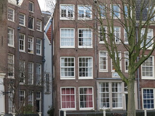 Fototapeta na wymiar Amsterdam Begijnhof Traditional House Facades with Winter Tree