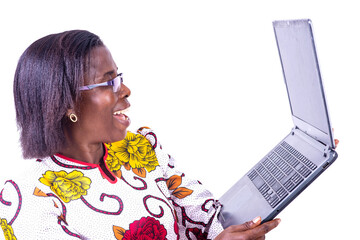 close up of happy woman holding laptop