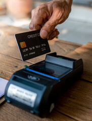 Hands of cafe visitor holding credit card and putting it to the card payment machine,modern bank...