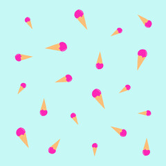 Trendy colorful pattern with randomly placed icecream. Seasonal summer cool background with magenta color accent, blue background. Pattern vector abstract graphic for print or clothes.