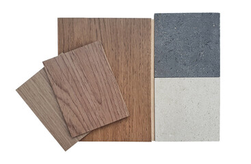 group of interior material selection containing oak wood veneer ,oak wood laminated flooring ,grey and beige grain artificial stone (quartz) samples isolated on white background with clipping path.