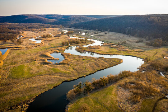 aerial view to spring valley and floodplain of Siverskyi Donets river