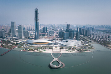 Aerial photography of Taihu New City skyline in Suzhou Bay