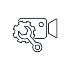 Wrench, gear and video camera. Camcorder  system settings. Vector linear icon isolated on white background.