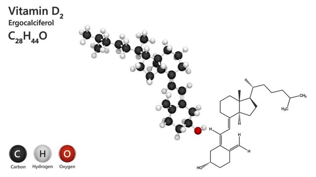 Chemical structure of Vitamin D2 (Ergocalciferol). Also known as viosterol. Formula: C28H44O. 3D render. Seamless loop. Chemical structure model: Ball and Stick. White background.