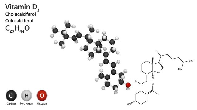 Chemical structure of Vitamin D3 (Cholecalciferol). Formula: C27H44O. 3D render. Seamless loop. Chemical structure model: Ball and Stick. White background.