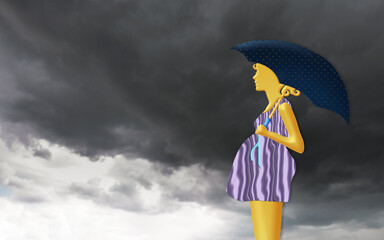 Frau mit Regenschirm und Dunkle Wolken.
