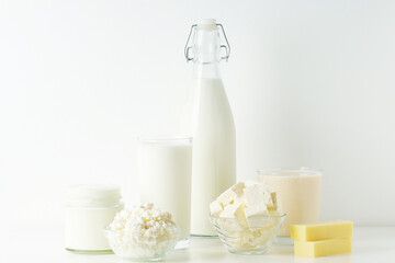 Different milk products: milk, cheese and yoghurt