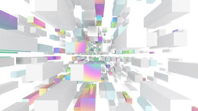 The camera from above watches as countless multicolored reflective cubes and parallelepipeds move against a white background. Seamless loop.