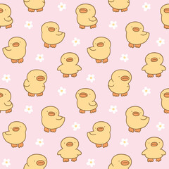Seamless Pattern of Cute Cartoon Duck and Flower Design on Pink Background