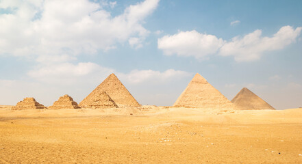 Fototapeta na wymiar Panoramic view of Great Egyptian pyramids in Giza, Egypt