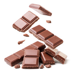 Pieces of chocolate fall on a heap on a white background, levitating chocolate. Isolated