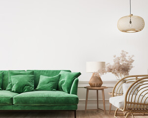Home interior mockup, green comfortable sofa on empty white wall with wooden furniture, 3d render
