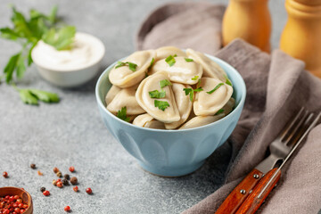 Dumplings, stuffed with mashed potatoes. Russian, Ukrainian or Polish dish vareniki.