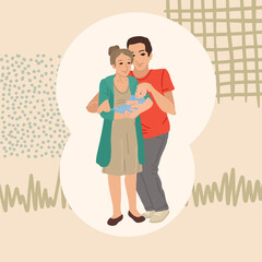 Family portrait. Asian nationality, father and mother hug the child, son on arms. Concept card holiday of a family day. Vector cartoon flat illustration