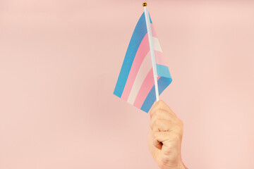 Hand holding flag in transgender pride colours