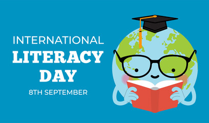 International Literacy Day. Study abroad education in Global ideas: Graduated cap on top global model on open textbook in library. Vector illustration