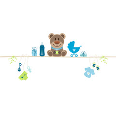 Brauner Teddy Auf Leine Mit Babysymbolen Junge Blau Grün