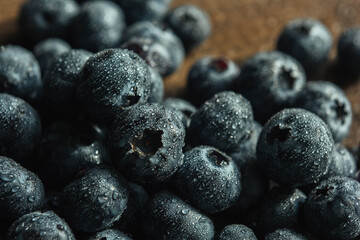 Blueberries with water drops. Healthy eating. Berry background. Health and freshness concept. Blueberry close-up.
