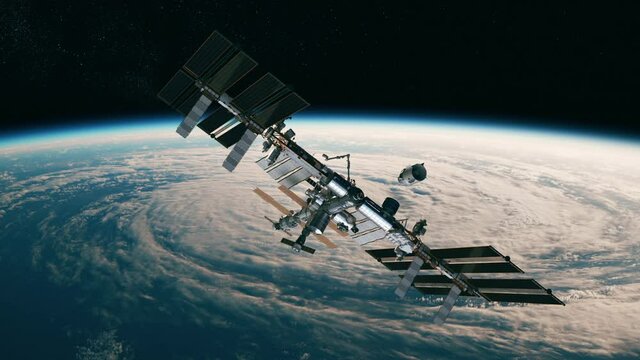 Commercial Spacecraft Docking To International Space Station On Background Of Earth. 4K. Ultra High Definition. 3D Animation.