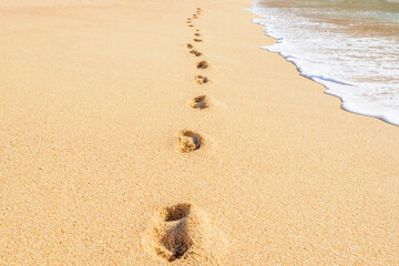 footprints on the yellow sand beach and white foam