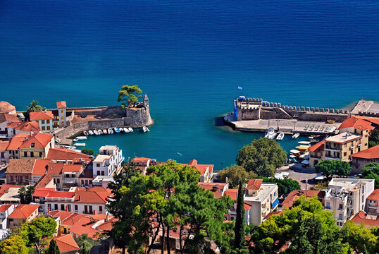 View of the picturesque little port of Nafpaktos (Lepanto) town from its castle. Aitoloakarnania, Central Greece.
