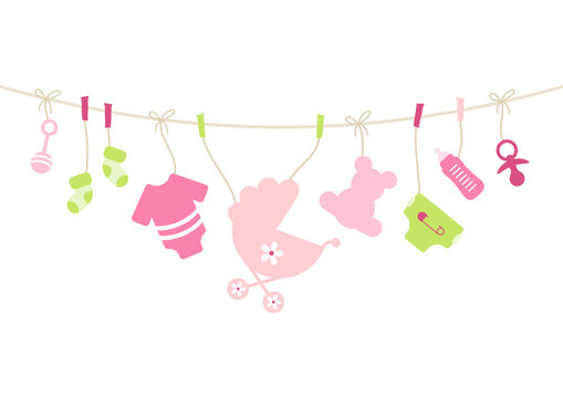 Karte Gebogene Leine Babysymbole Mädchen Pink Grün