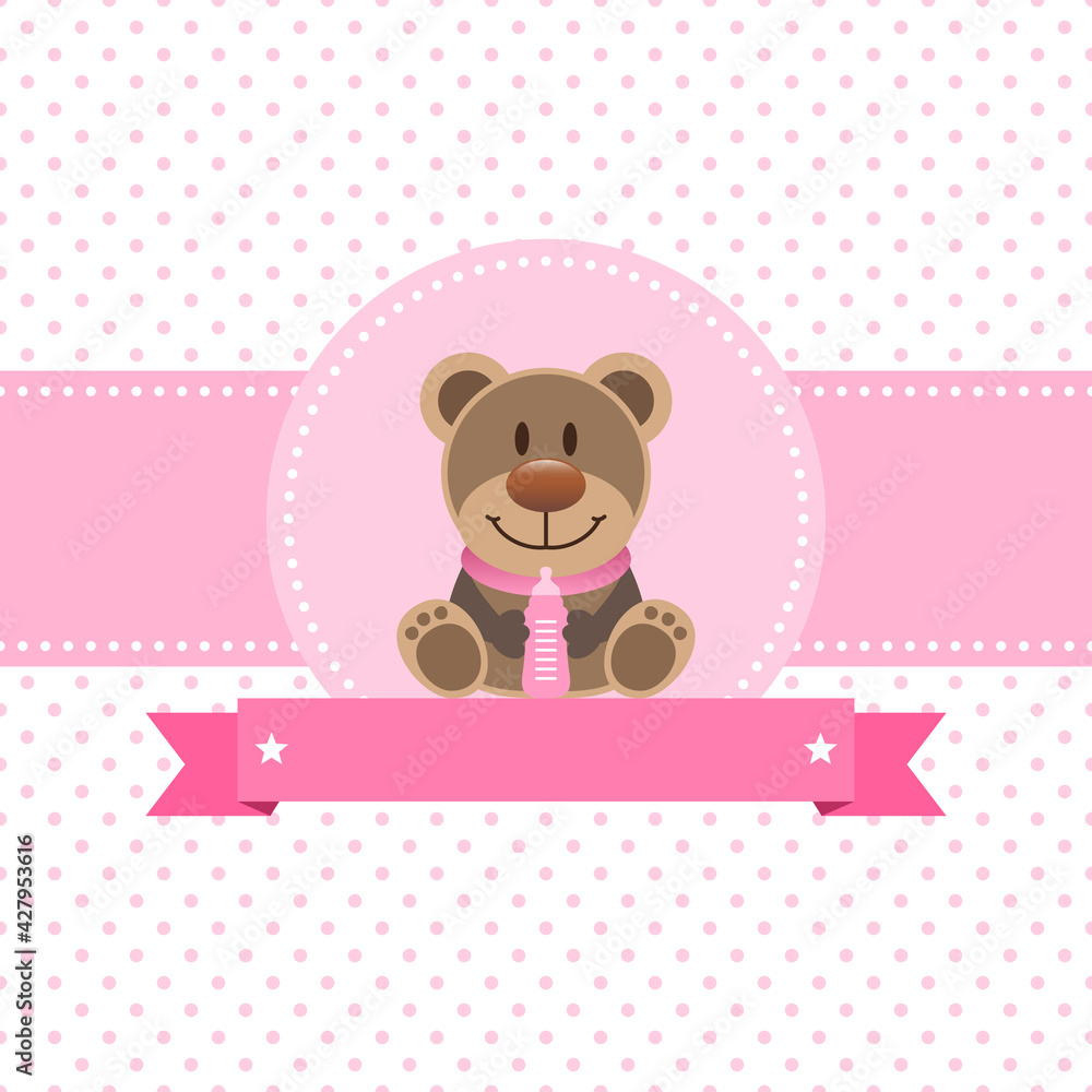 Wall mural brauner teddy mit babyflasche mädchen pink banner punkte