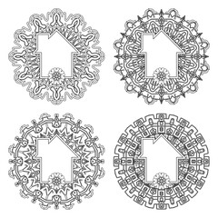 Set of Mehndi flower. decorative ornament in ethnic oriental style. coloring book page. Emblem luxury beauty spa, cosmetics, jewelry, hotel, restaurant. Wedding elegant outline frame. Vintage premium 