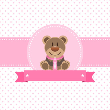 Brauner Teddy Mit Babyflasche Mädchen Pink Banner Punkte