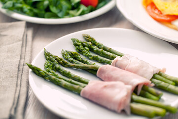 Ham rolls with asparagus. High quality photo.