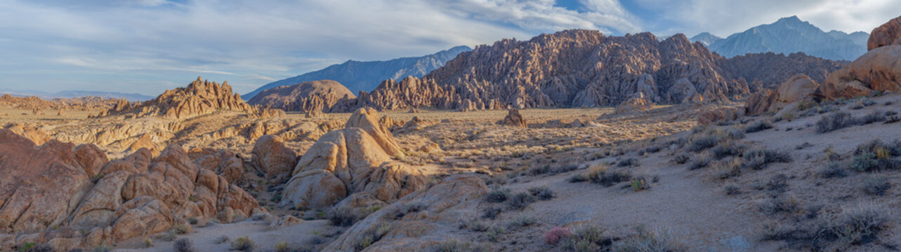 Alabama Hills at sunset with Lone Pine Peak in the background, Eastern Sierra, California, USA.