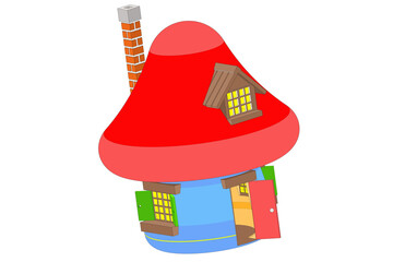 Bajkowy kolorowy domek z otwartymi drzwiami okiennicami i kominem oraz wykuszem na dachu widok od przodu i pod kątem. Wysokie szczegóły. © AWVW
