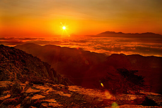 Sunset photo take from the top of Mount Kofinas, Asterousia mountain range, Heraklion, Crete, Greece.