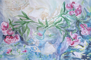 Peony and ballerina artwork. Summer season color of season 2022 watercolor painting. Vintage lace and peony buds in water. Fictional character water-nymph and swans.