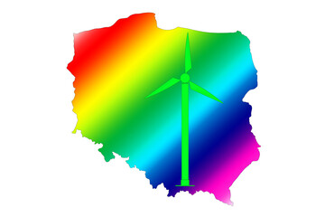 Mapa Polski z zieloną turbiną wiatrową.