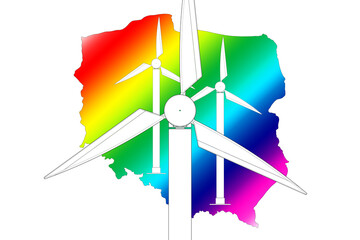 Wiatrowe generatory elektryczności turbiny wiatrowe na tle kolorowego zarysu mapy Polski w wersji z perspektywą. - obrazy, fototapety, plakaty