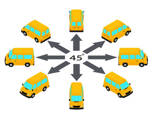 Rotation of the minibus by 45 degrees. Yellow bus in different angles in isometric.