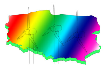 Zarysy generatorów wiatrowych turbin na tle kolorowego zarysu mapy Polski w wersji 3D.
