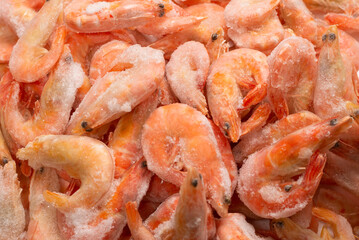 Fresh shrimps in ice. Top view.