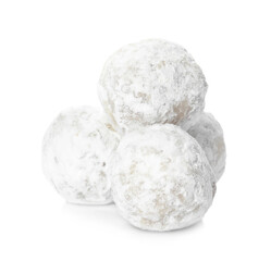 Pile of Christmas snowball cookies on white background