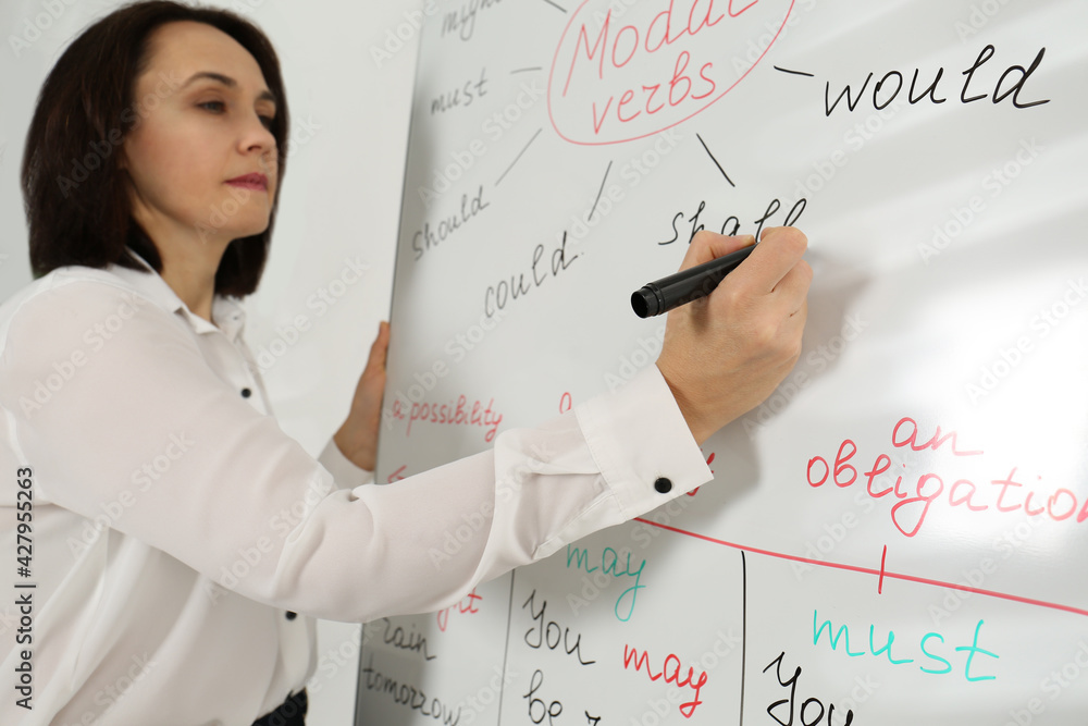 Poster English teacher giving lesson on modal verbs near whiteboard in classroom