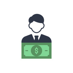 Financial Manager. Money management icon with research sign, explore, find, inspect symbol