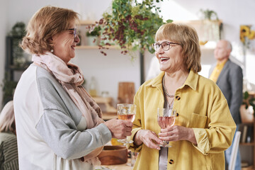 Two smiling senior women talking to each other and drinking red wine at meeting