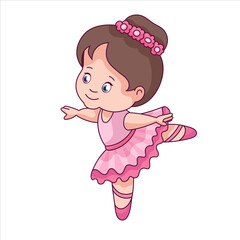 Cute cartoon ballerina. Ballet dance princess. Child vector illustration funny character. Dancing little girl. Drawing baby dancer. Kids poster of fairy.